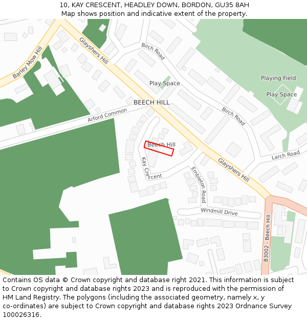 10, KAY CRESCENT, HEADLEY DOWN, BORDON, GU35 8AH: Location map and indicative extent of plot