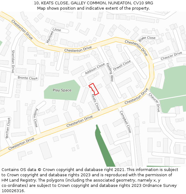 10, KEATS CLOSE, GALLEY COMMON, NUNEATON, CV10 9RG: Location map and indicative extent of plot