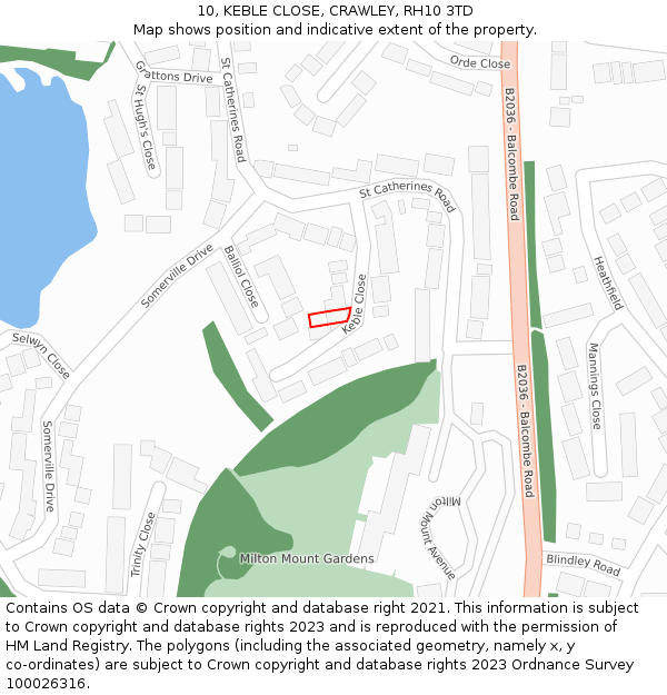 10, KEBLE CLOSE, CRAWLEY, RH10 3TD: Location map and indicative extent of plot