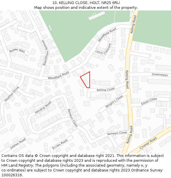 10, KELLING CLOSE, HOLT, NR25 6RU: Location map and indicative extent of plot