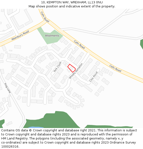 10, KEMPTON WAY, WREXHAM, LL13 0NU: Location map and indicative extent of plot