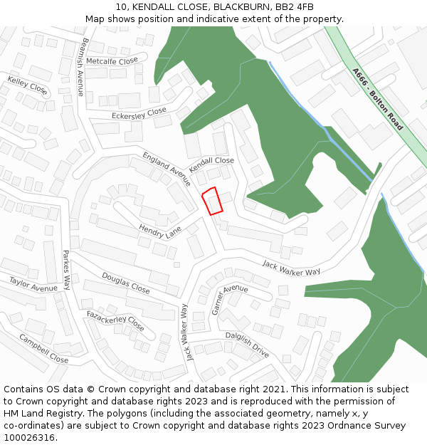 10, KENDALL CLOSE, BLACKBURN, BB2 4FB: Location map and indicative extent of plot