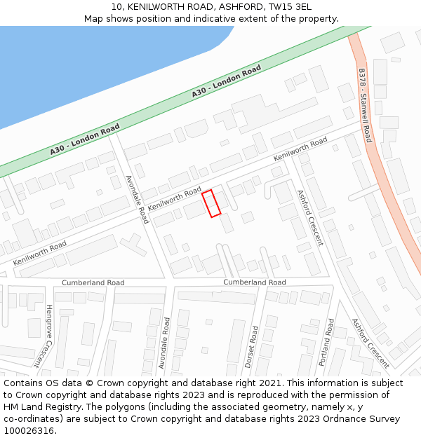 10, KENILWORTH ROAD, ASHFORD, TW15 3EL: Location map and indicative extent of plot