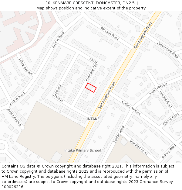 10, KENMARE CRESCENT, DONCASTER, DN2 5LJ: Location map and indicative extent of plot