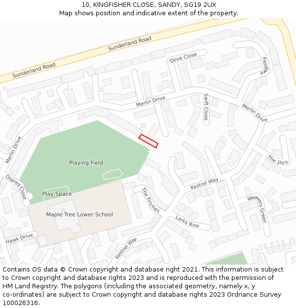 10, KINGFISHER CLOSE, SANDY, SG19 2UX: Location map and indicative extent of plot
