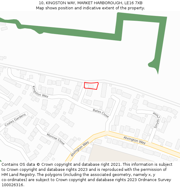 10, KINGSTON WAY, MARKET HARBOROUGH, LE16 7XB: Location map and indicative extent of plot
