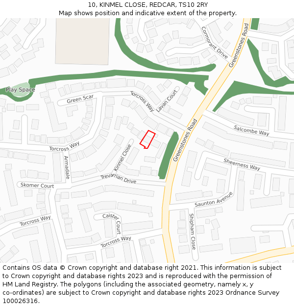 10, KINMEL CLOSE, REDCAR, TS10 2RY: Location map and indicative extent of plot