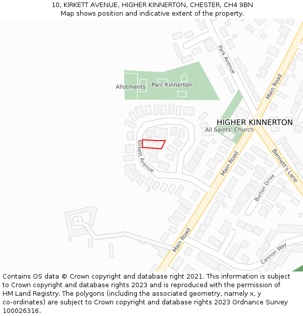 10, KIRKETT AVENUE, HIGHER KINNERTON, CHESTER, CH4 9BN: Location map and indicative extent of plot