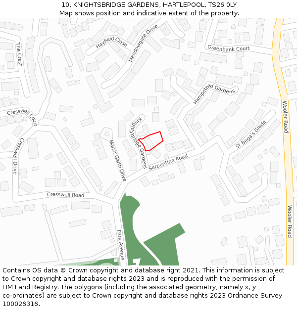 10, KNIGHTSBRIDGE GARDENS, HARTLEPOOL, TS26 0LY: Location map and indicative extent of plot