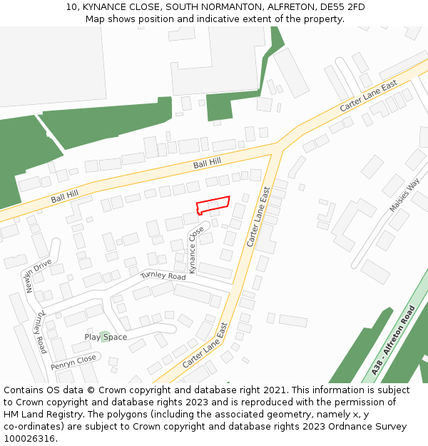 10, KYNANCE CLOSE, SOUTH NORMANTON, ALFRETON, DE55 2FD: Location map and indicative extent of plot