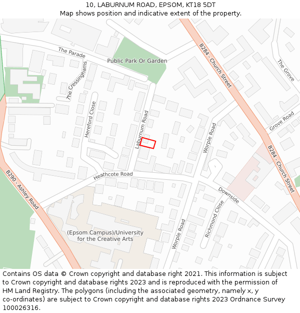 10, LABURNUM ROAD, EPSOM, KT18 5DT: Location map and indicative extent of plot