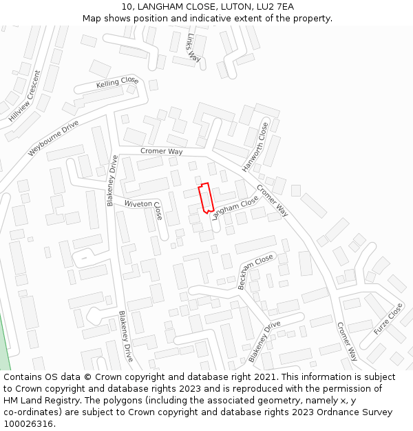 10, LANGHAM CLOSE, LUTON, LU2 7EA: Location map and indicative extent of plot