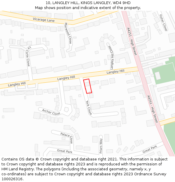 10, LANGLEY HILL, KINGS LANGLEY, WD4 9HD: Location map and indicative extent of plot