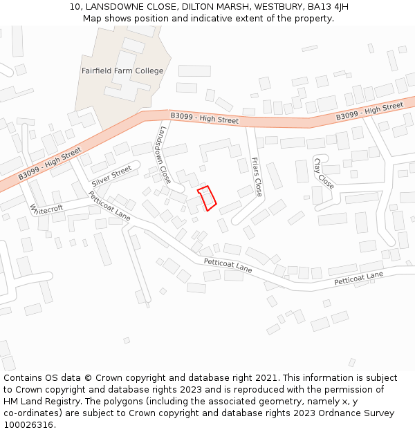 10, LANSDOWNE CLOSE, DILTON MARSH, WESTBURY, BA13 4JH: Location map and indicative extent of plot