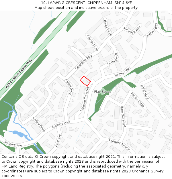 10, LAPWING CRESCENT, CHIPPENHAM, SN14 6YF: Location map and indicative extent of plot