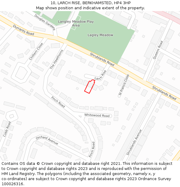 10, LARCH RISE, BERKHAMSTED, HP4 3HP: Location map and indicative extent of plot