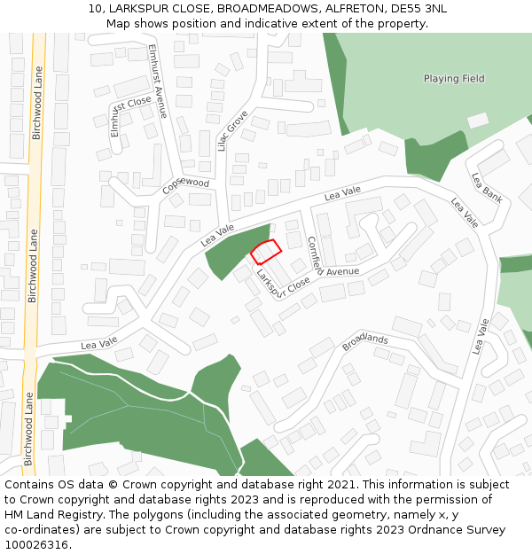 10, LARKSPUR CLOSE, BROADMEADOWS, ALFRETON, DE55 3NL: Location map and indicative extent of plot