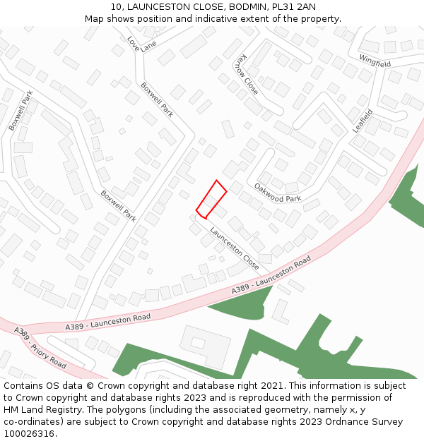 10, LAUNCESTON CLOSE, BODMIN, PL31 2AN: Location map and indicative extent of plot