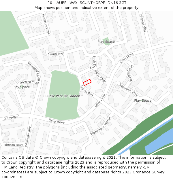 10, LAUREL WAY, SCUNTHORPE, DN16 3GT: Location map and indicative extent of plot