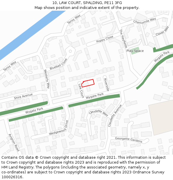 10, LAW COURT, SPALDING, PE11 3FG: Location map and indicative extent of plot