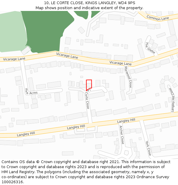 10, LE CORTE CLOSE, KINGS LANGLEY, WD4 9PS: Location map and indicative extent of plot