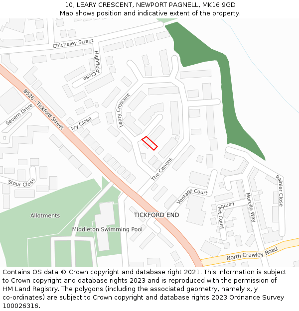 10, LEARY CRESCENT, NEWPORT PAGNELL, MK16 9GD: Location map and indicative extent of plot