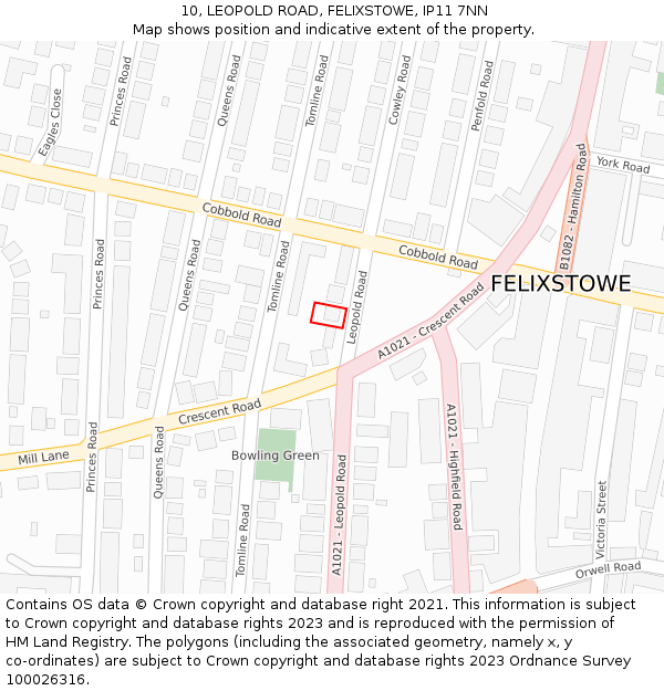 10, LEOPOLD ROAD, FELIXSTOWE, IP11 7NN: Location map and indicative extent of plot