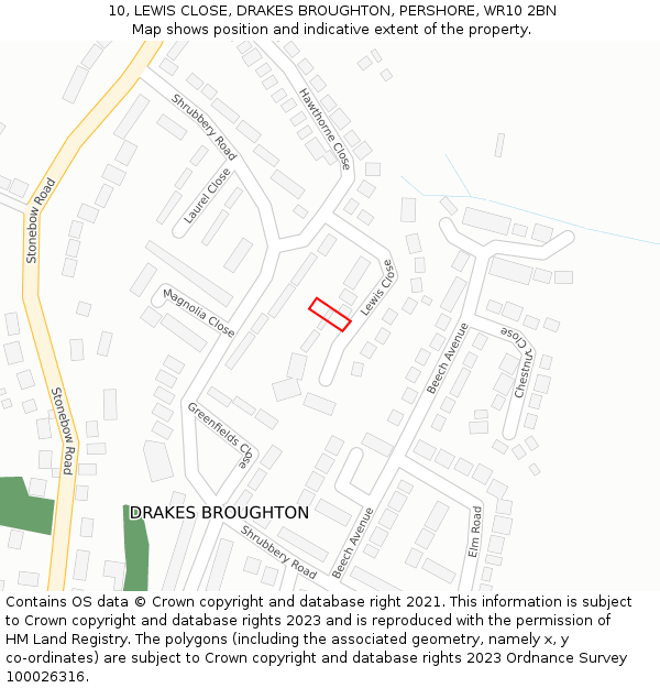 10, LEWIS CLOSE, DRAKES BROUGHTON, PERSHORE, WR10 2BN: Location map and indicative extent of plot