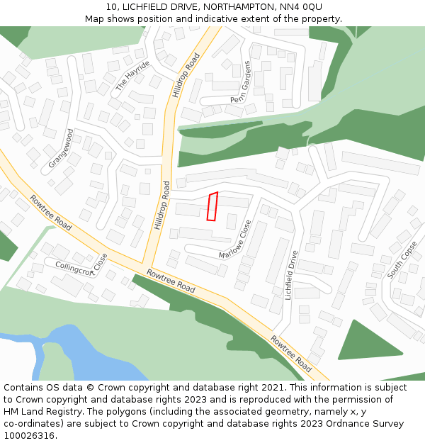 10, LICHFIELD DRIVE, NORTHAMPTON, NN4 0QU: Location map and indicative extent of plot