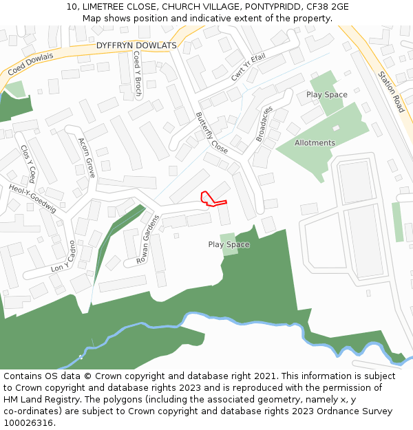 10, LIMETREE CLOSE, CHURCH VILLAGE, PONTYPRIDD, CF38 2GE: Location map and indicative extent of plot
