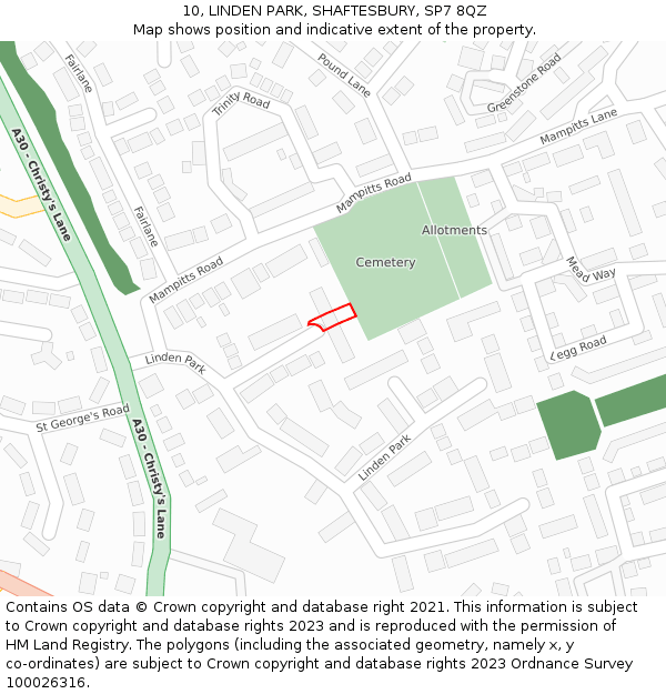 10, LINDEN PARK, SHAFTESBURY, SP7 8QZ: Location map and indicative extent of plot