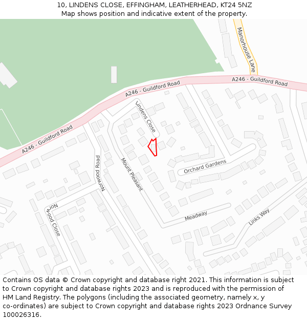 10, LINDENS CLOSE, EFFINGHAM, LEATHERHEAD, KT24 5NZ: Location map and indicative extent of plot