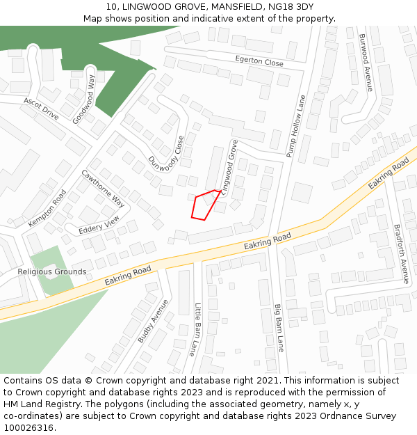 10, LINGWOOD GROVE, MANSFIELD, NG18 3DY: Location map and indicative extent of plot