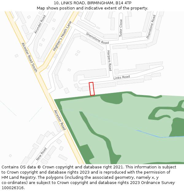 10, LINKS ROAD, BIRMINGHAM, B14 4TP: Location map and indicative extent of plot