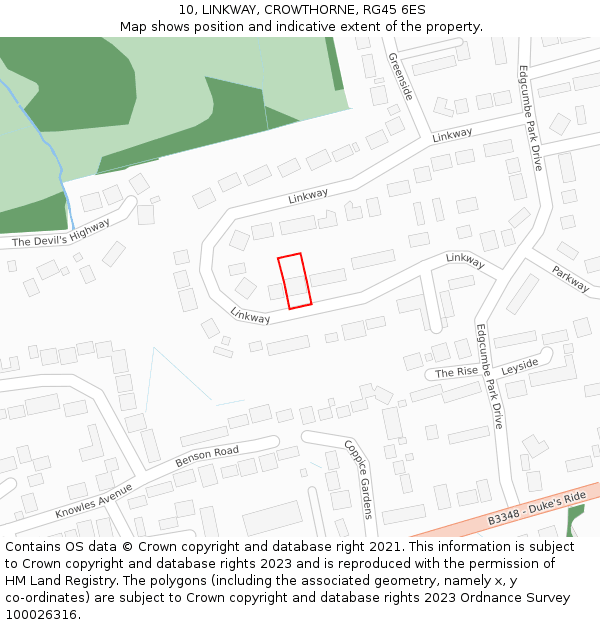 10, LINKWAY, CROWTHORNE, RG45 6ES: Location map and indicative extent of plot