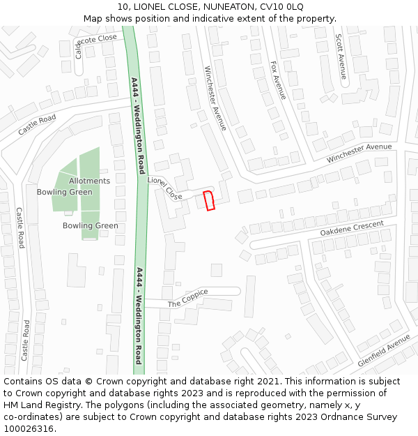 10, LIONEL CLOSE, NUNEATON, CV10 0LQ: Location map and indicative extent of plot