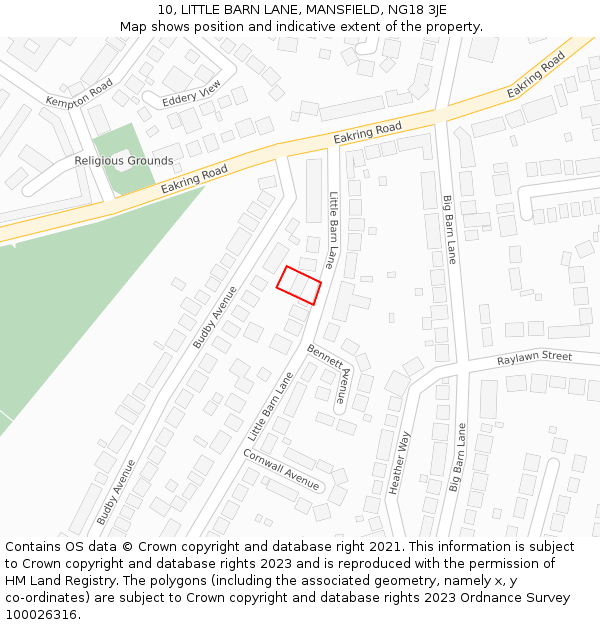 10, LITTLE BARN LANE, MANSFIELD, NG18 3JE: Location map and indicative extent of plot