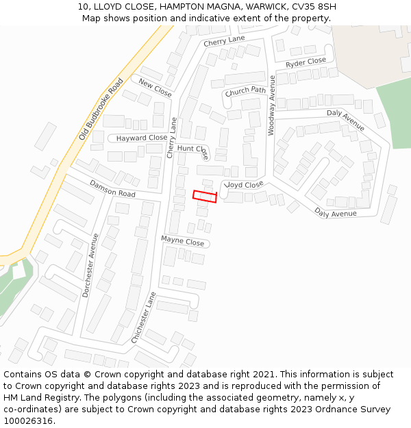 10, LLOYD CLOSE, HAMPTON MAGNA, WARWICK, CV35 8SH: Location map and indicative extent of plot