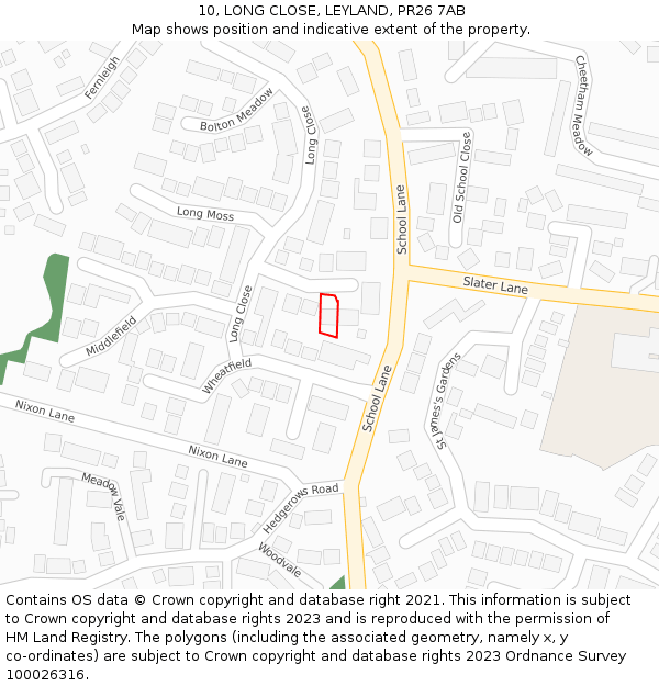 10, LONG CLOSE, LEYLAND, PR26 7AB: Location map and indicative extent of plot