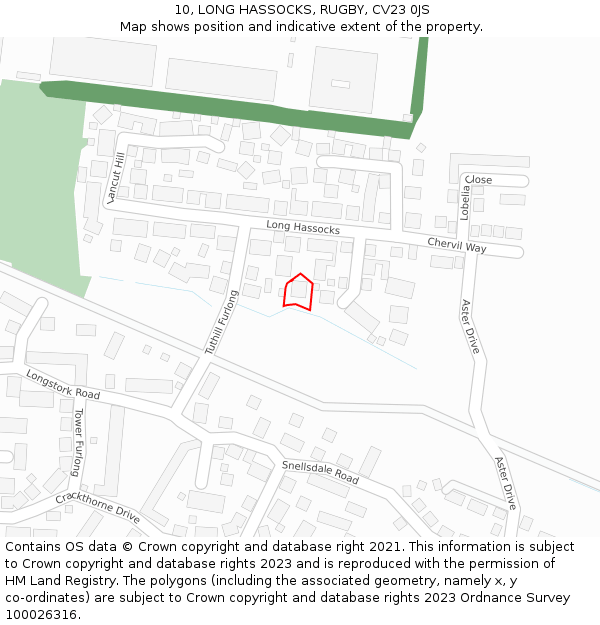 10, LONG HASSOCKS, RUGBY, CV23 0JS: Location map and indicative extent of plot