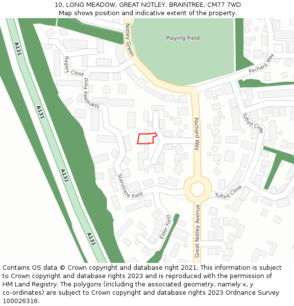 10, LONG MEADOW, GREAT NOTLEY, BRAINTREE, CM77 7WD: Location map and indicative extent of plot