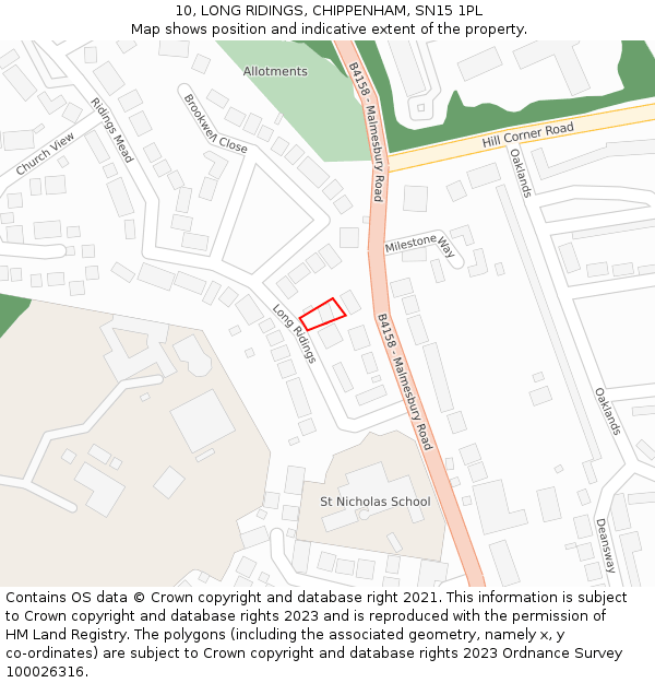 10, LONG RIDINGS, CHIPPENHAM, SN15 1PL: Location map and indicative extent of plot