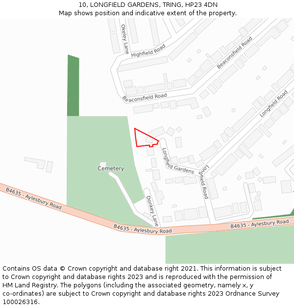 10, LONGFIELD GARDENS, TRING, HP23 4DN: Location map and indicative extent of plot