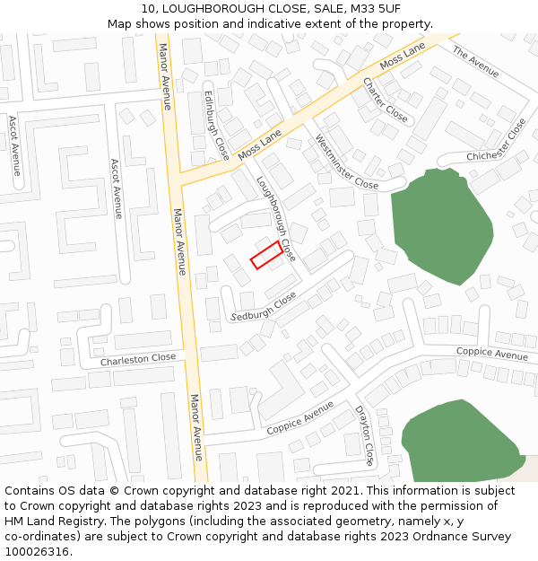 10, LOUGHBOROUGH CLOSE, SALE, M33 5UF: Location map and indicative extent of plot