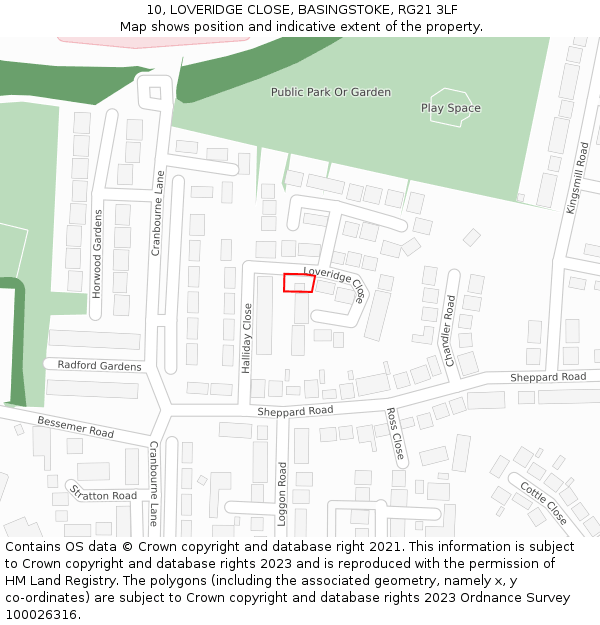 10, LOVERIDGE CLOSE, BASINGSTOKE, RG21 3LF: Location map and indicative extent of plot
