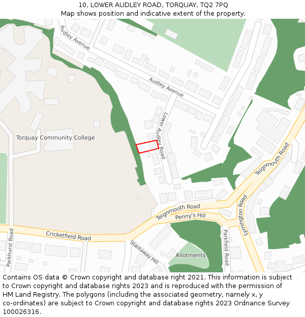 10, LOWER AUDLEY ROAD, TORQUAY, TQ2 7PQ: Location map and indicative extent of plot