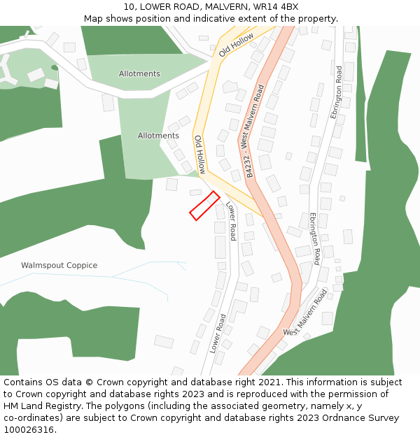 10, LOWER ROAD, MALVERN, WR14 4BX: Location map and indicative extent of plot