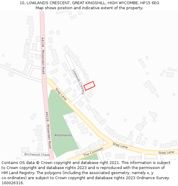 10, LOWLANDS CRESCENT, GREAT KINGSHILL, HIGH WYCOMBE, HP15 6EG: Location map and indicative extent of plot