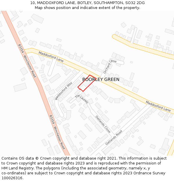 10, MADDOXFORD LANE, BOTLEY, SOUTHAMPTON, SO32 2DG: Location map and indicative extent of plot