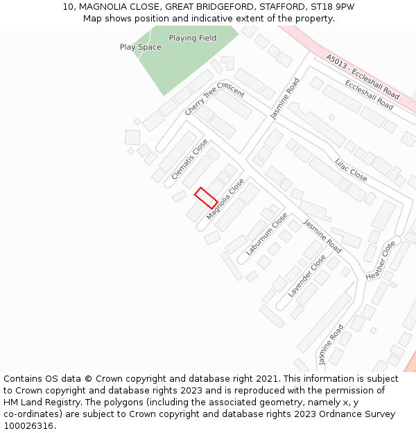 10, MAGNOLIA CLOSE, GREAT BRIDGEFORD, STAFFORD, ST18 9PW: Location map and indicative extent of plot